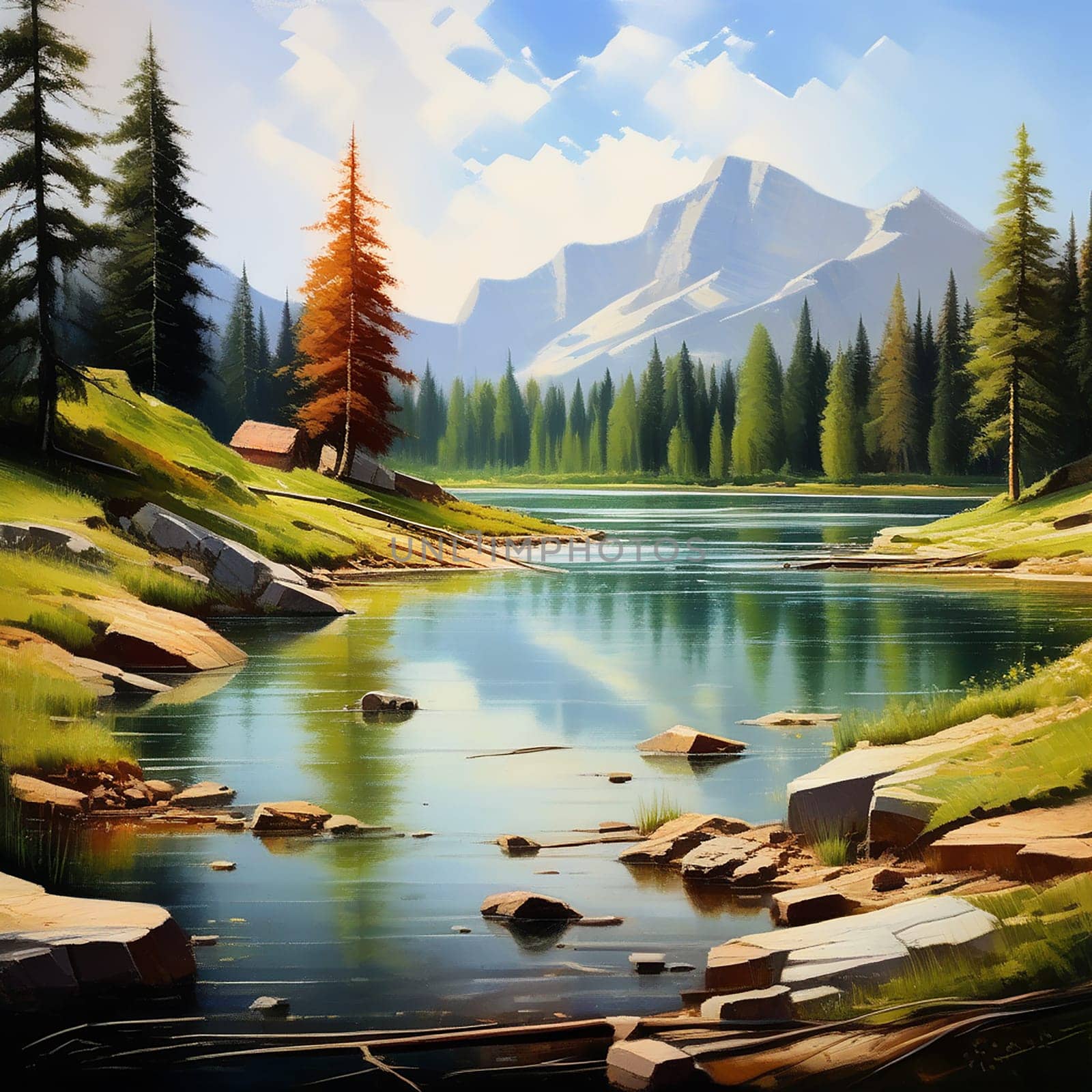 Mountain Oasis: Tranquility in the Scenic Beauty of Lake, Stream, and Pine Trees by Petrichor