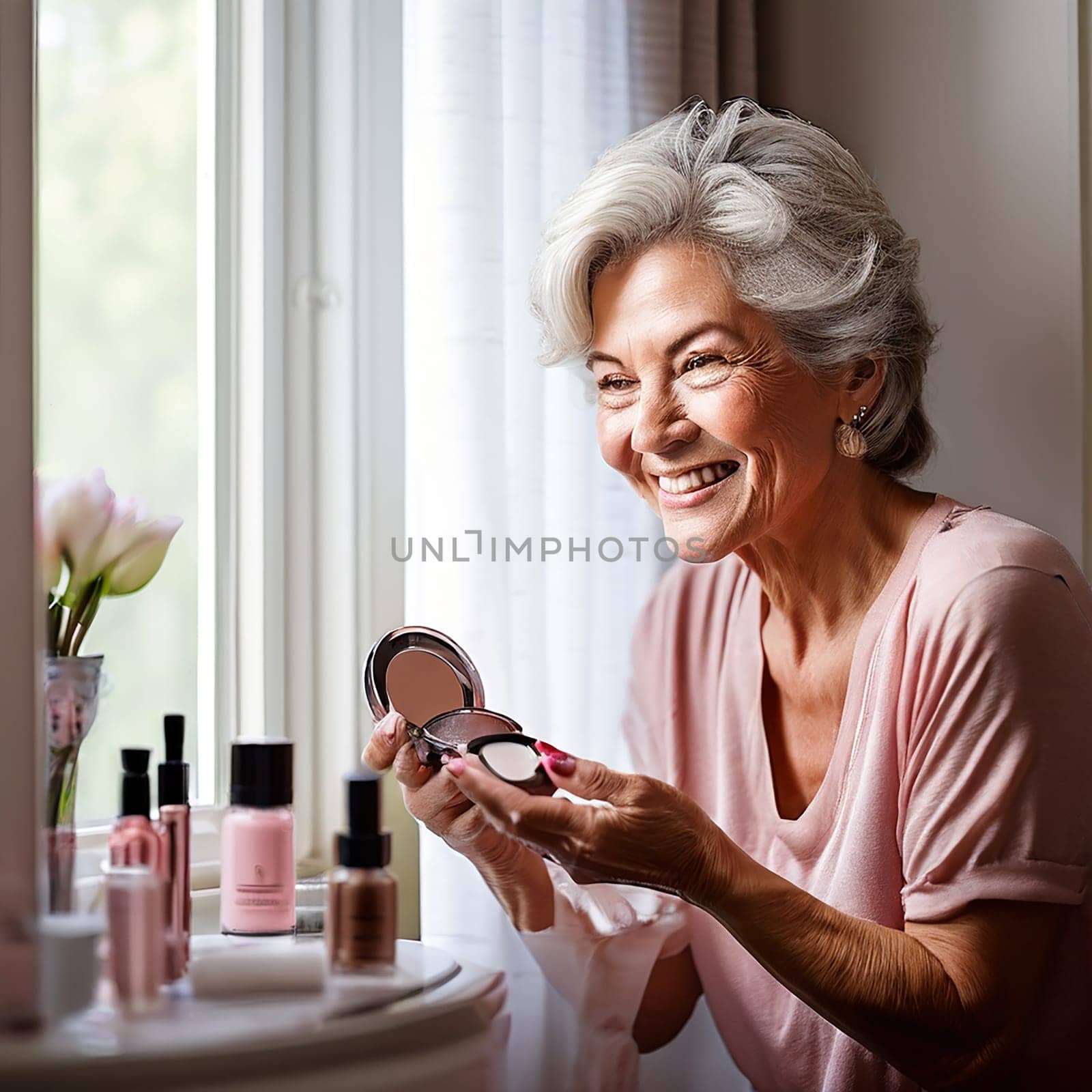 Graceful Transformation: Senior Woman's Close-Up in Front of the Bathroom Mirror