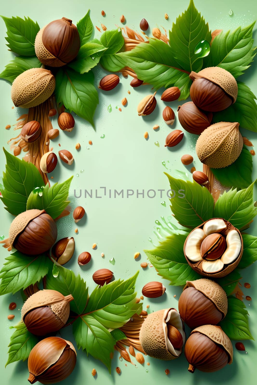 Hazelnuts with foliage isolated on green background, frame