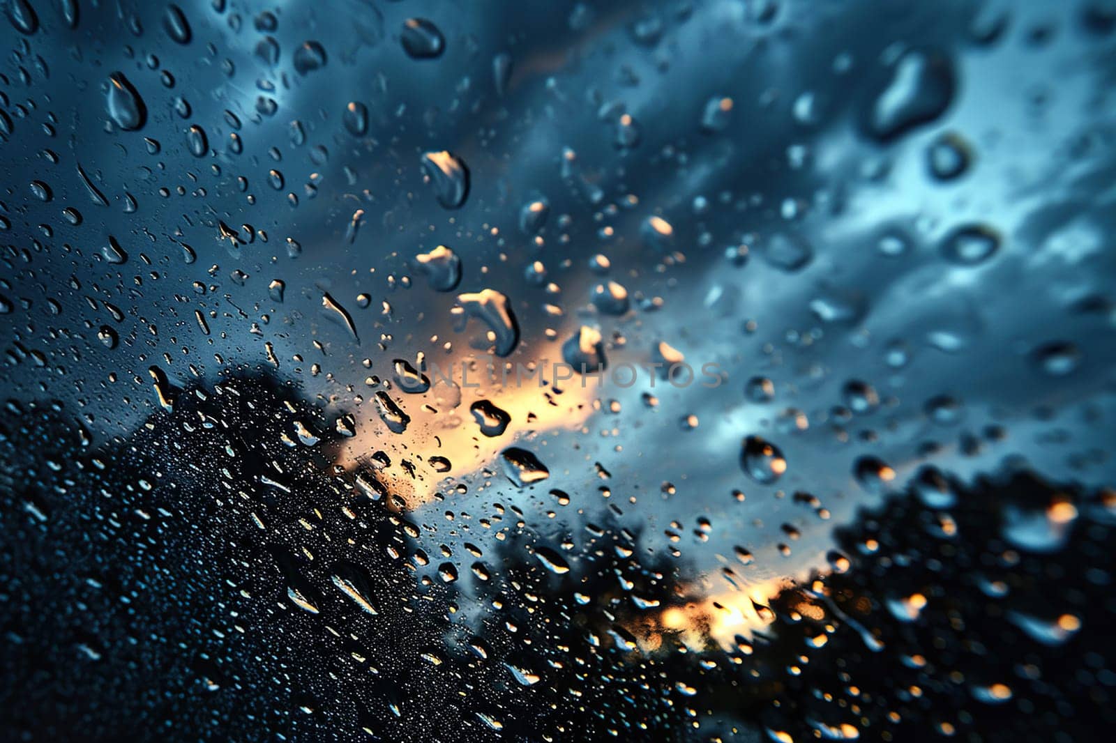 Large drops of rain on the glass or hood of a car with the sky reflected.