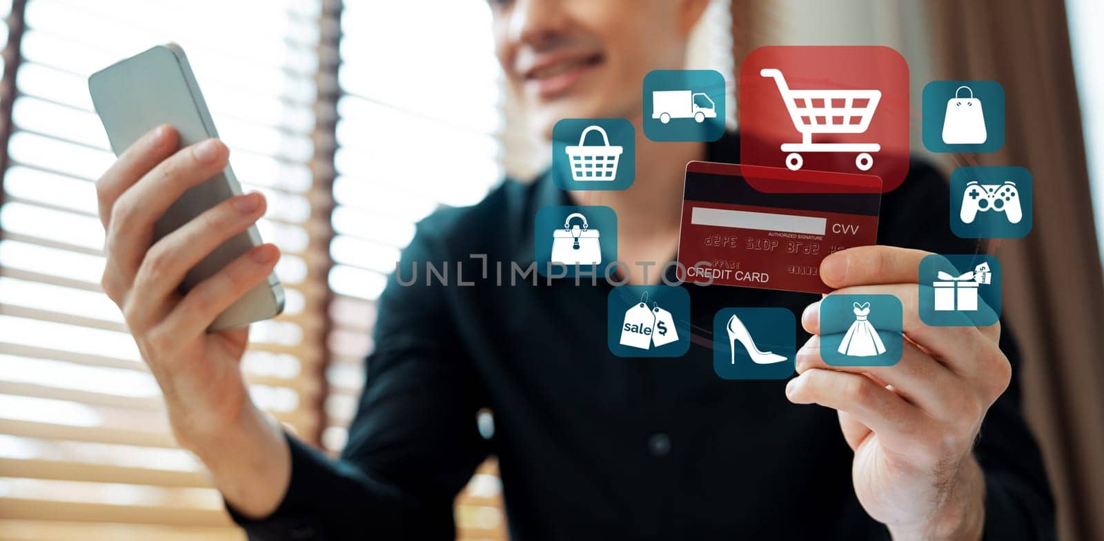 Smart customer open online store use credit card for online shopping. Cybercash. by biancoblue