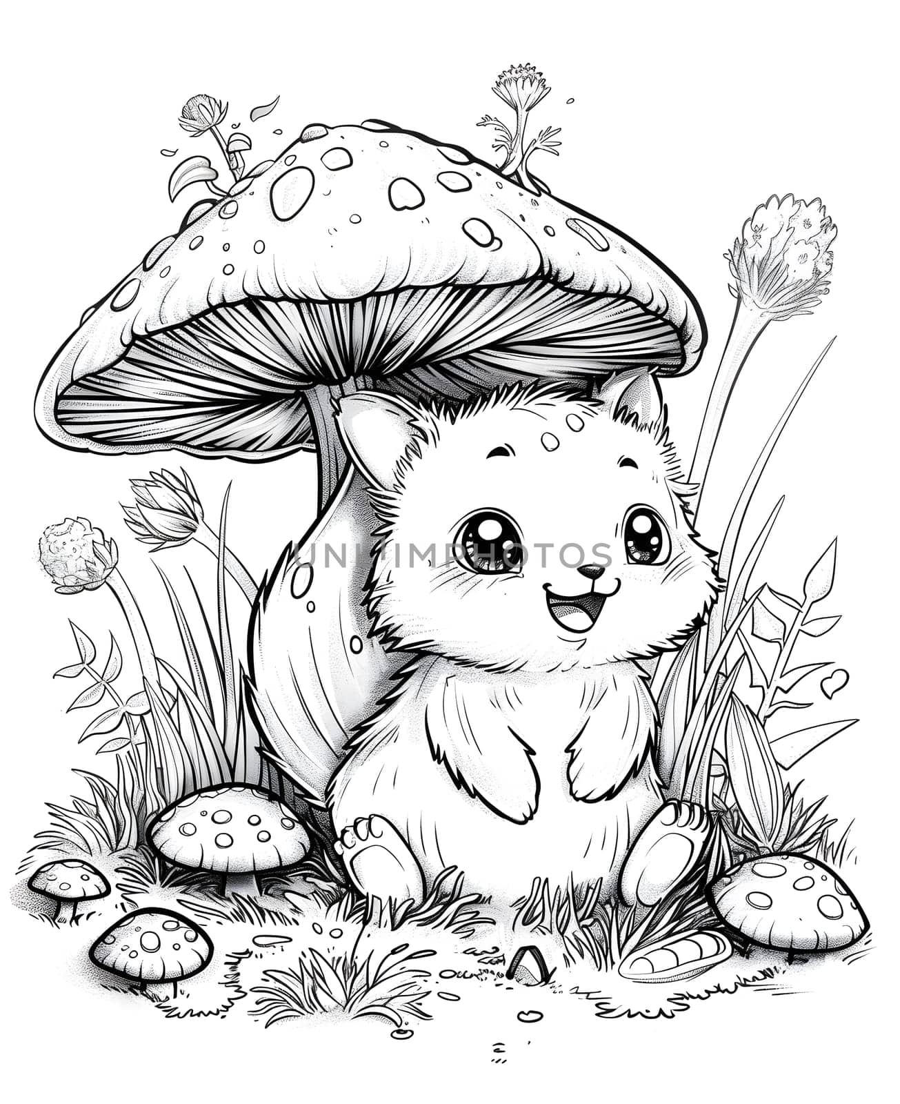 A Vertebrate organism portrayed in a black and white Cartoon drawing, sitting under a mushroom. The Art piece features detailed Botany elements with a whimsical Gesture