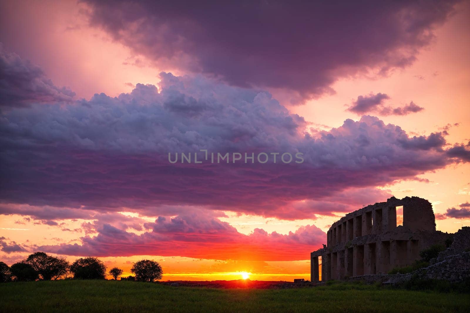 The image shows a sunset over a ruined building with clouds in the sky.