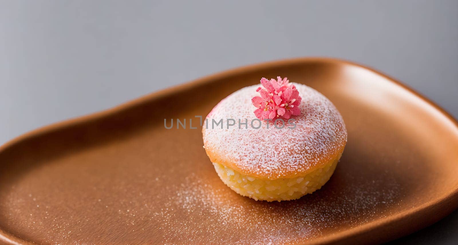 The image is a close up of a small cake with pink frosting on top, sitting on a white plate.