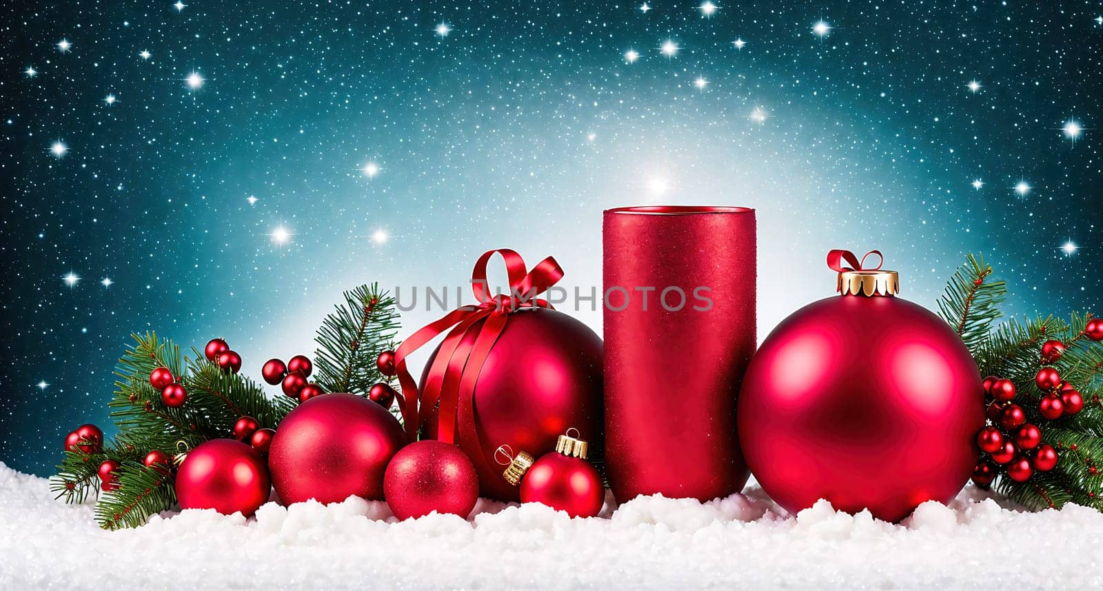 The image shows a red candle with a wreath of evergreen branches and snowflakes in the background.