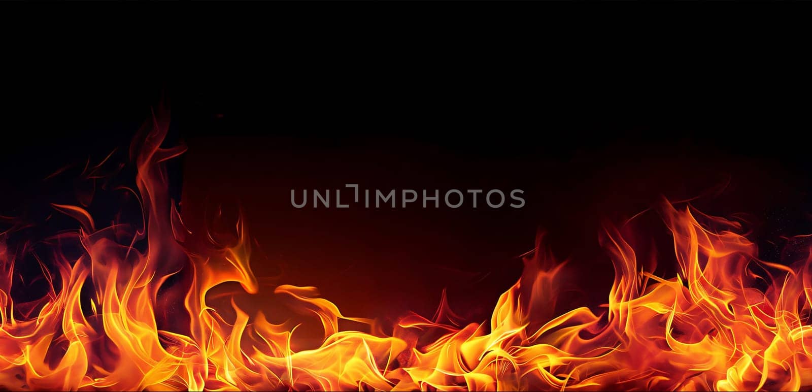 Intense red and yellow fire flames create a Seamless border on a black background