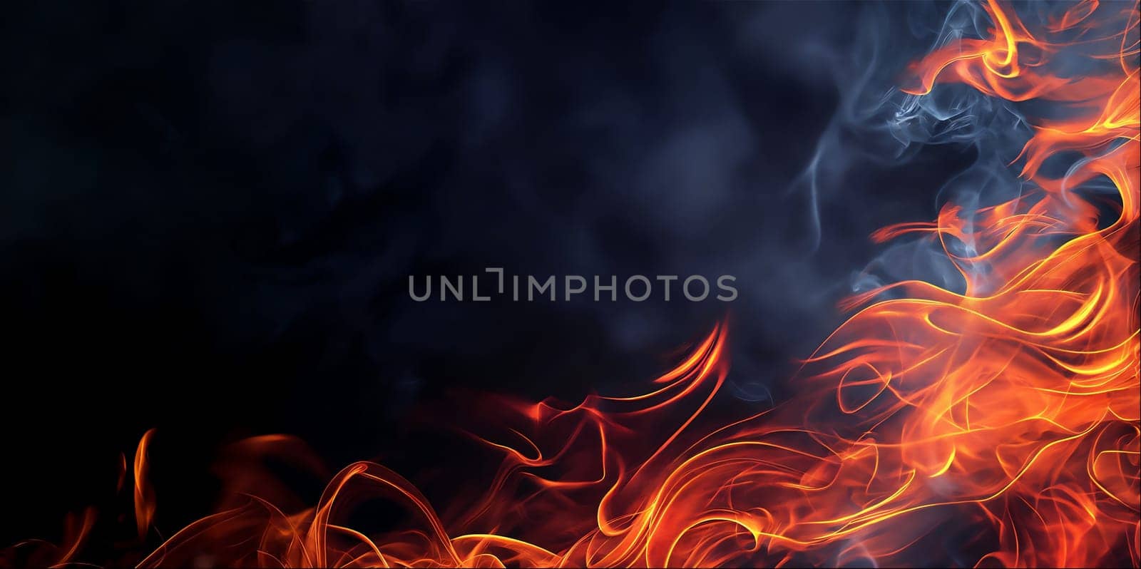 Intense fire close-up on black background in red, orange and yellow colors with copy space for text