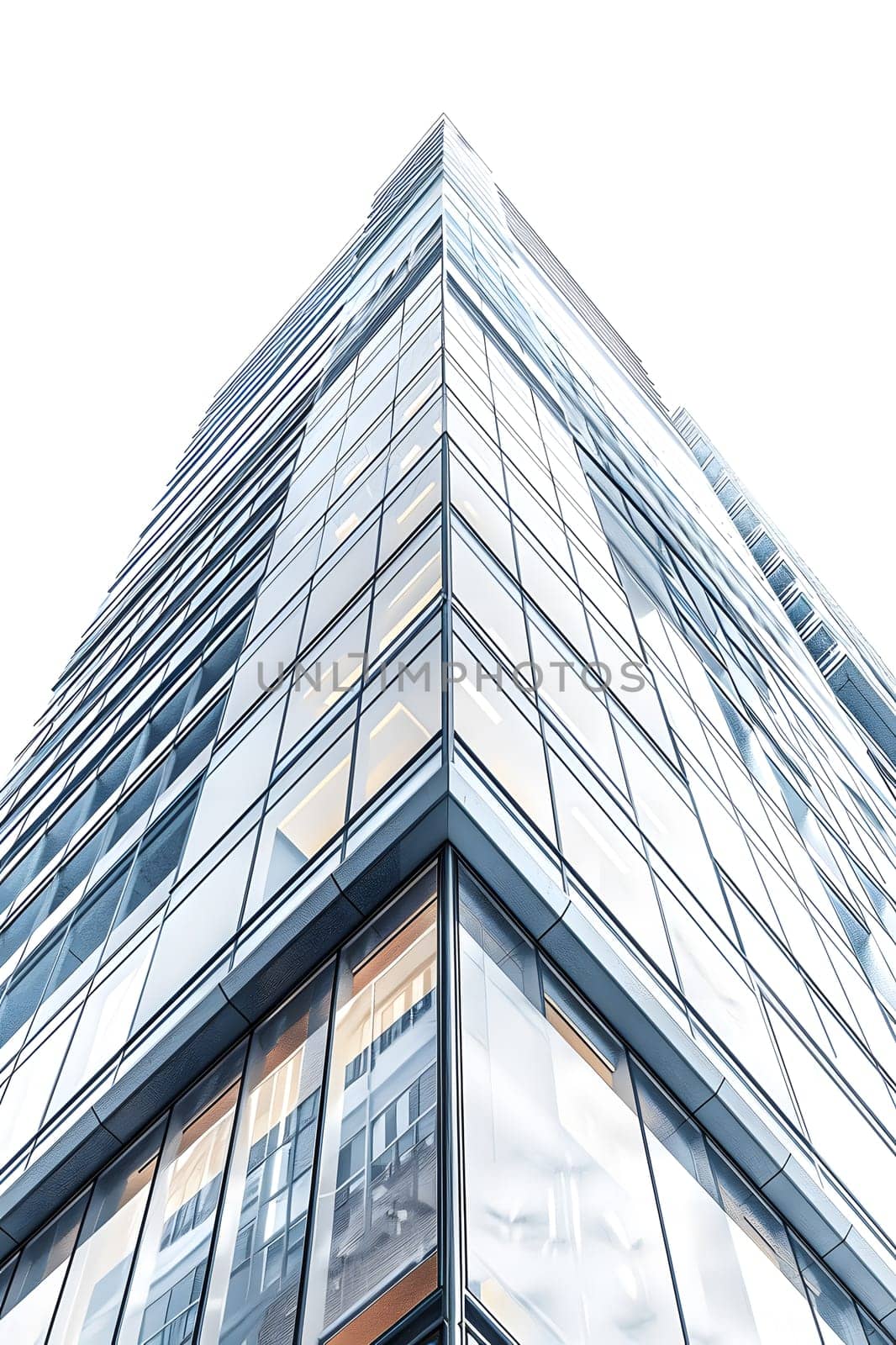 Observing a towering commercial building with numerous windows, the sleek glass facade reflects the sky. The rectangular tower block exudes symmetry and impressive engineering in the city skyline