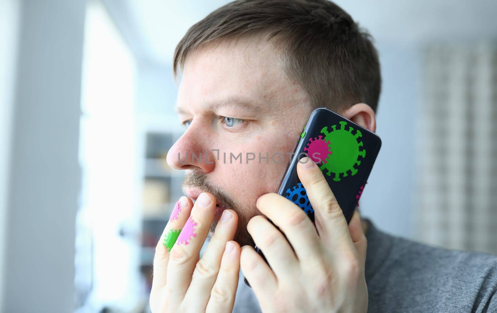 Man call smartphone with coronavirus symbol covid 19 portrait by kuprevich