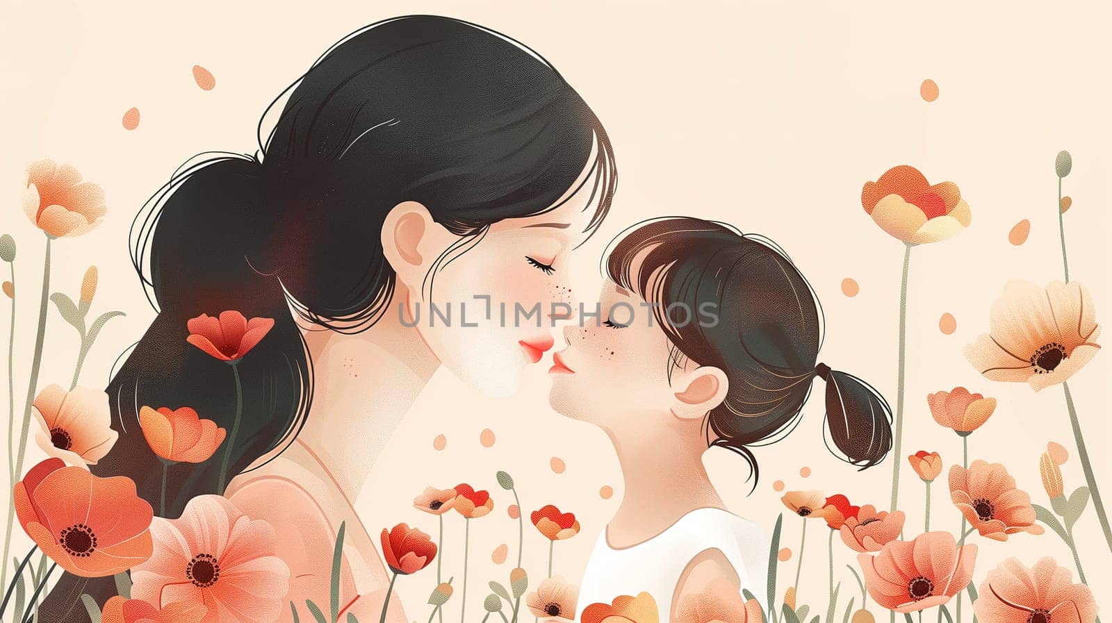 A mother and her daughter share a tender moment, kissing each others cheeks while standing in a field of colorful flowers. The bright blooms provide a vibrant backdrop for the heartwarming scene.