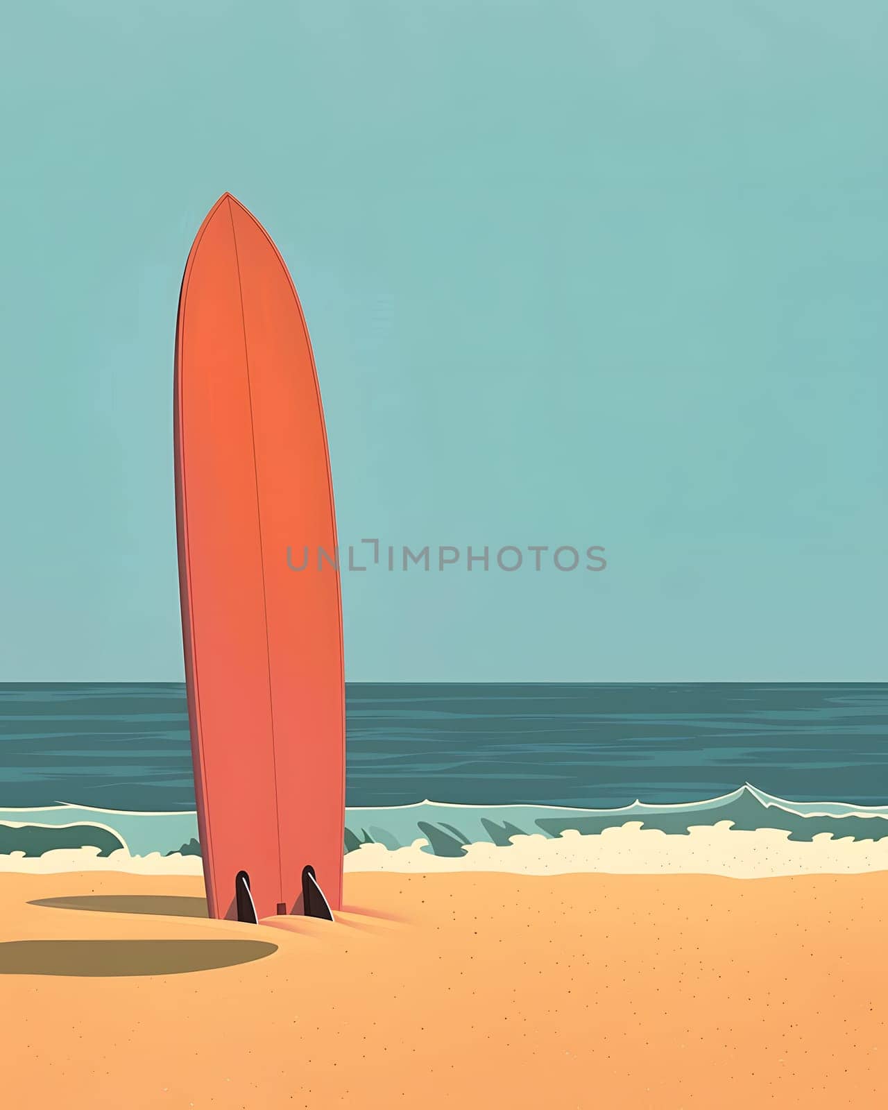 A red surfboard lays on the sandy beach, next to the azure water under the clear sky. The wooden surfboard contrasts with the tints and shades of the ocean, creating a perfect setting for surfing