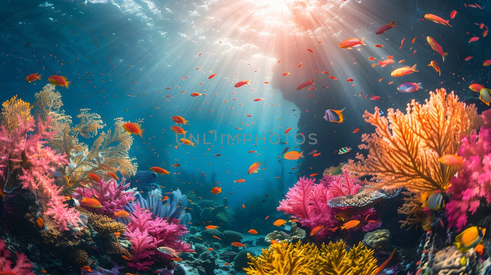 Underwater coral reef teeming with fish, sunlight filtering through water by Nadtochiy