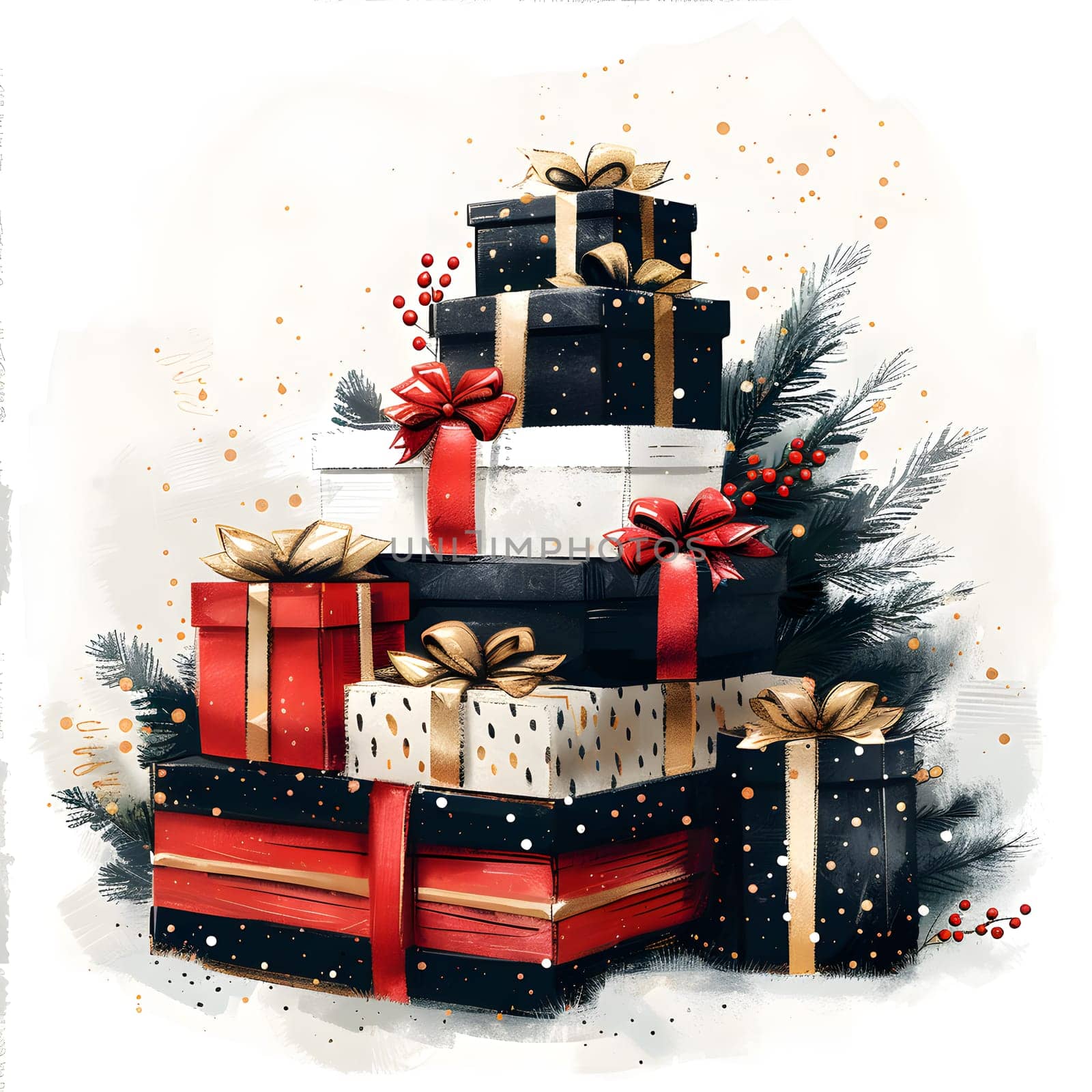 A stack of Christmas presents next to a decorated tree by Nadtochiy
