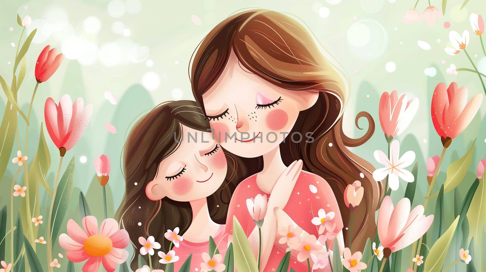 A mother and her daughter embrace tightly in a field filled with colorful flowers, sharing a moment of love and connection on International Mothers Day. The pair stands out against the vibrant backdrop of blooming petals.