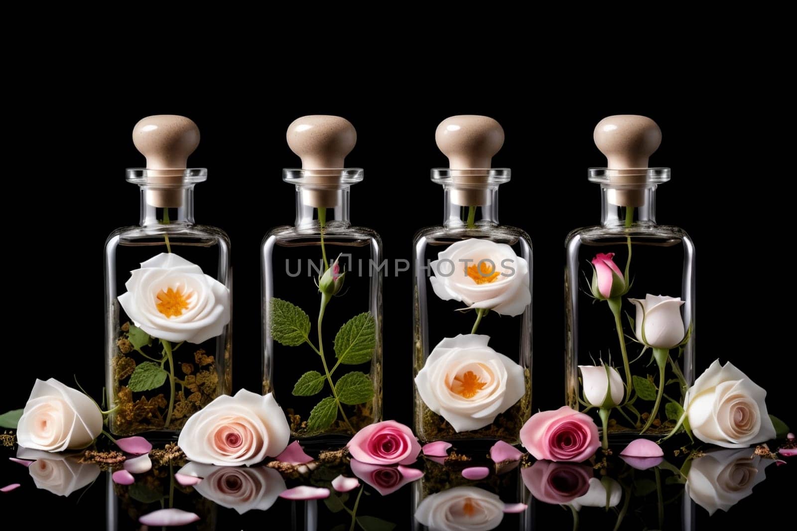 tincture of herbs and flowers in a bottle isolated on a black background