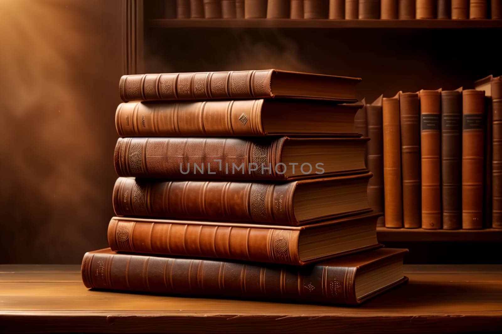 old leather bound books isolated on brown background