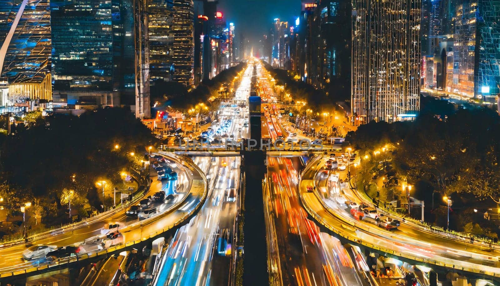 Dynamic nightfall city scene with long exposure traffic lights and urban glow,, rush hour commuting time, sunset, blurry cityscape, bokeh effect, AI generated