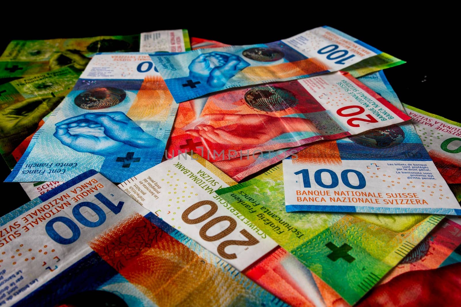 CHF money banknotes, detail photo of swiss franc by vladispas