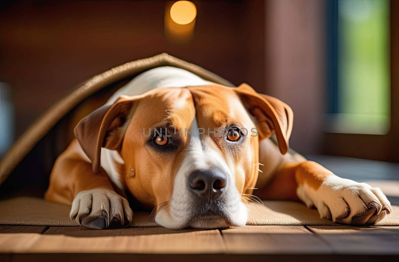 Animals. Vet clinic. A large, red, sick and weak dog lies on the table in the veterinarian’s office, with sad eyes, covered with a blanket. Close-up.