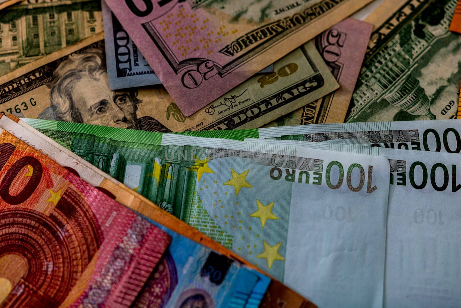 Mix of world currency banknotes: USD, EURO, CHF, LEI by vladispas