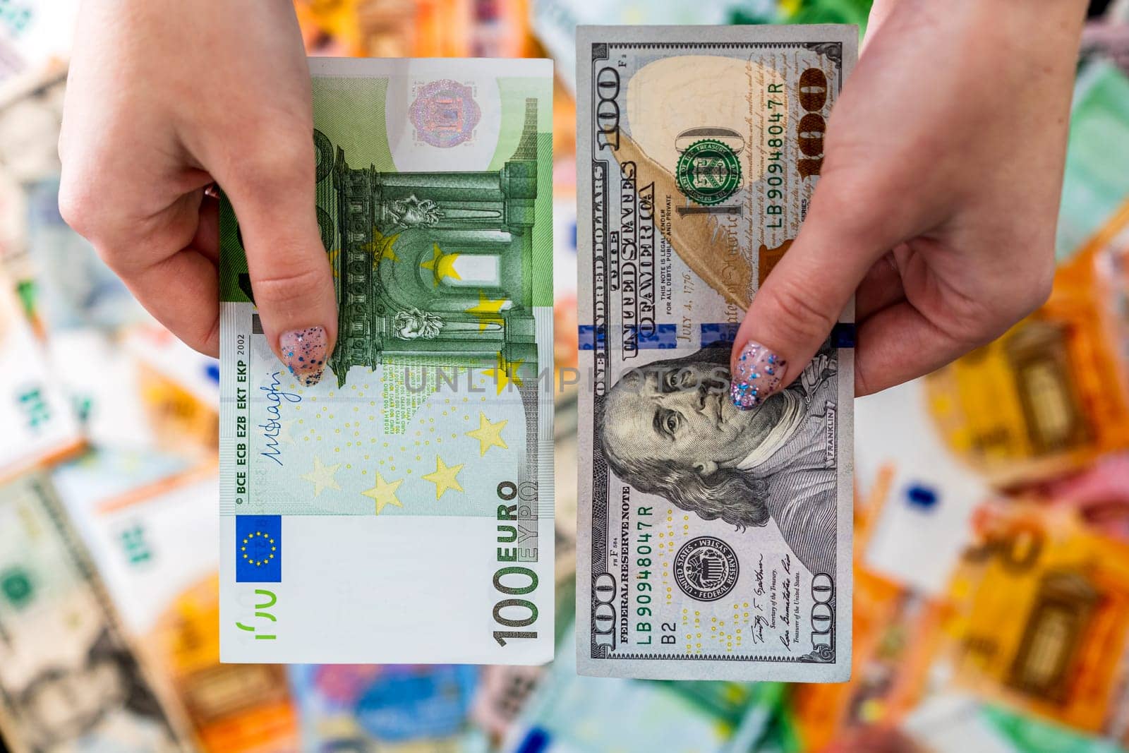 Mix of world currency banknotes: USD, EURO, CHF, LEI