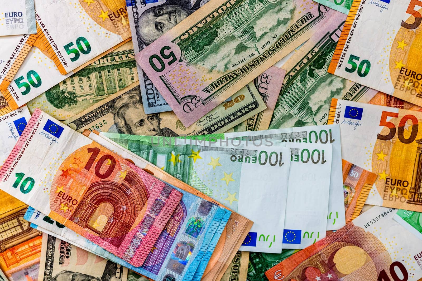 Mix of world currency banknotes: USD, EURO, CHF, LEI by vladispas