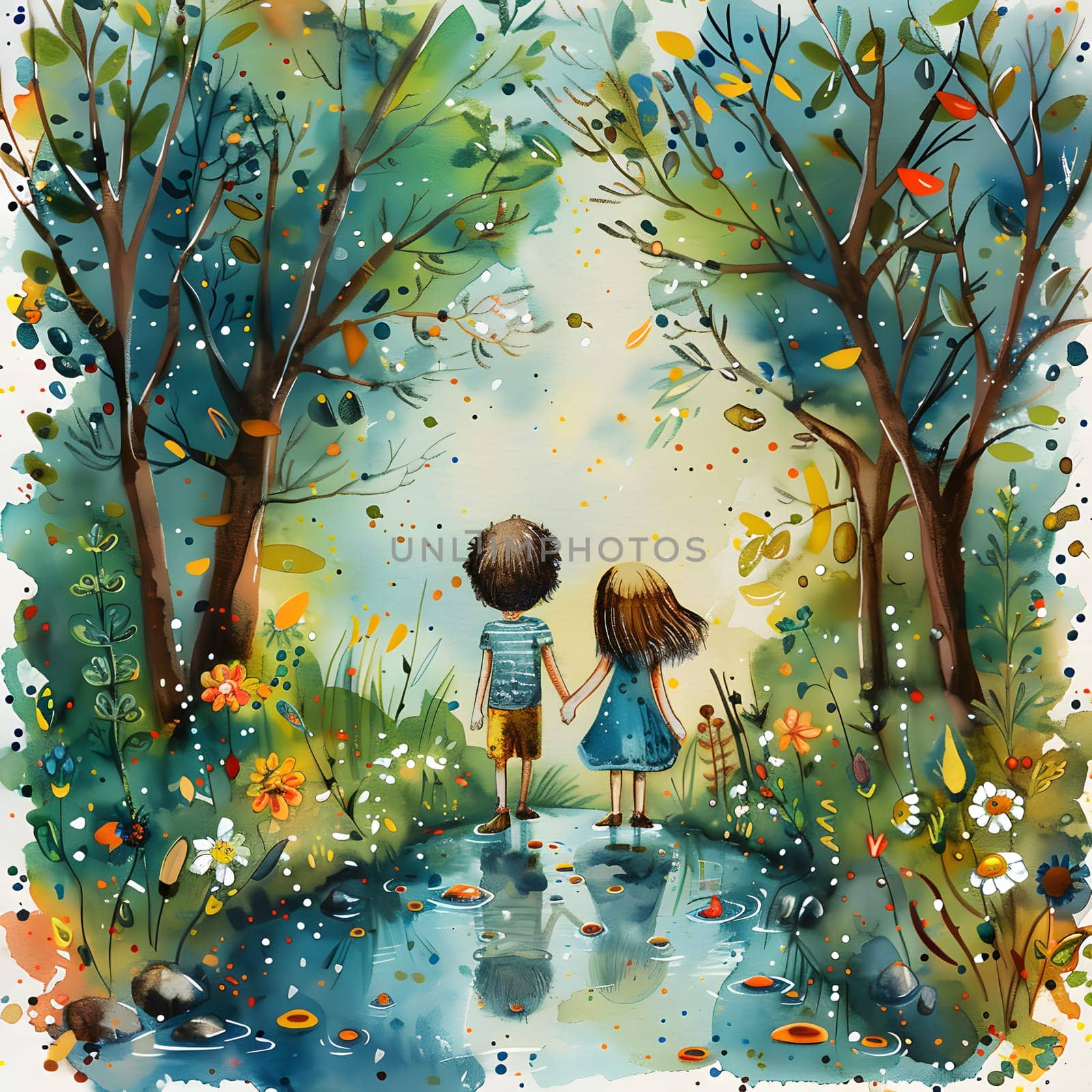 a boy and a girl are holding hands while walking across a river by Nadtochiy