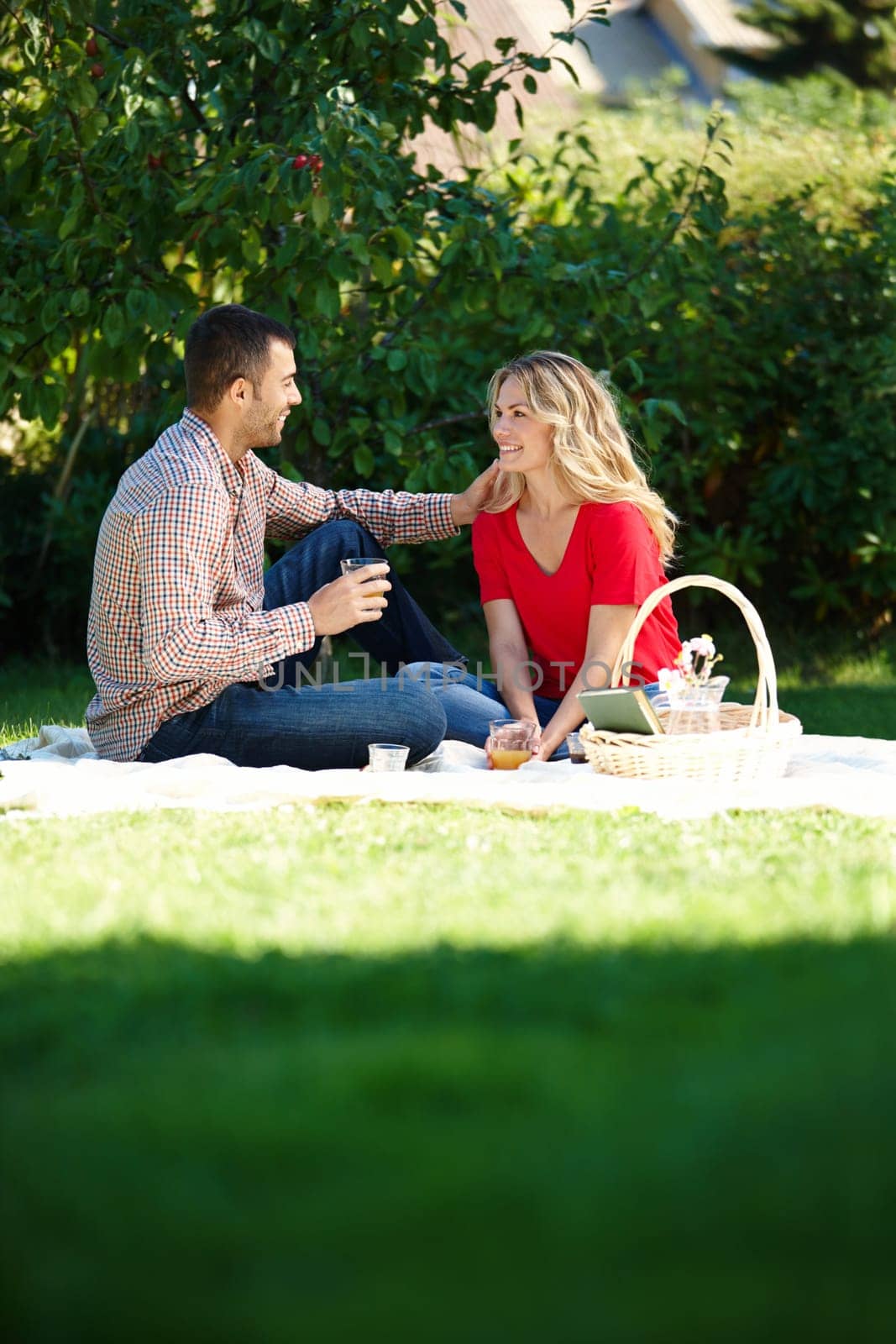 Happy, couple and picnic in park with basket for food, snacks and drink in outdoor. Man, woman and smiling in enjoying on date with touching, romance and love in summer for bonding or talking.