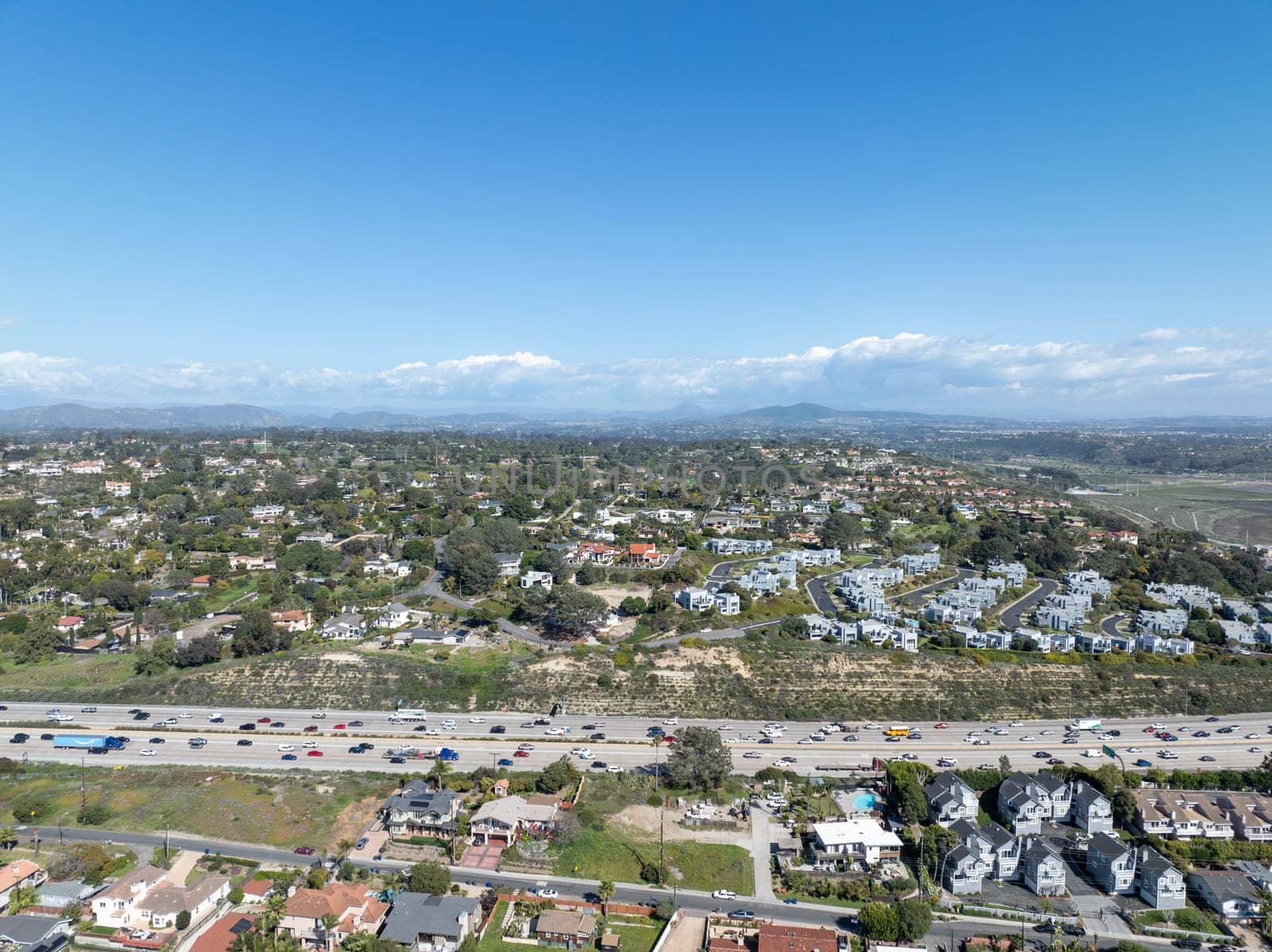 Aerial view of highway interchange and junction, San Diego Freeway interstate 5, California by Bonandbon