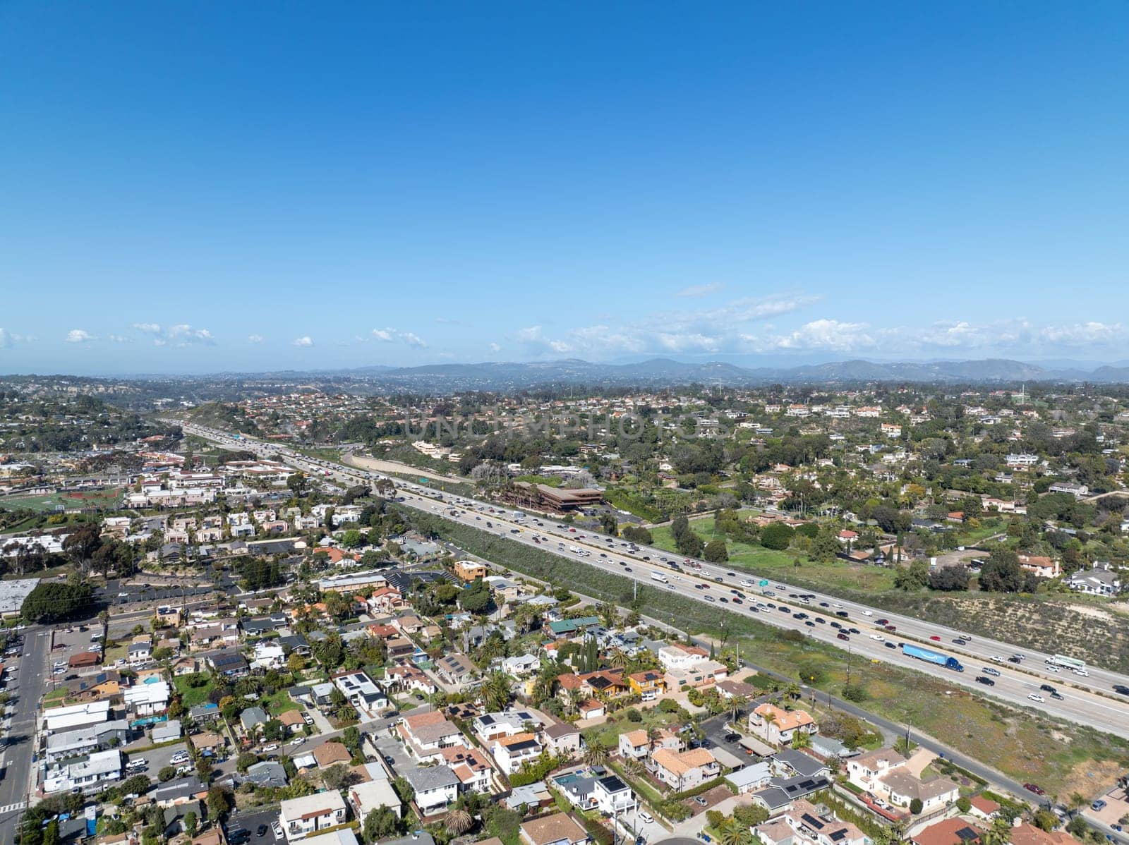Aerial view of highway interchange and junction, San Diego Freeway interstate 5, California by Bonandbon