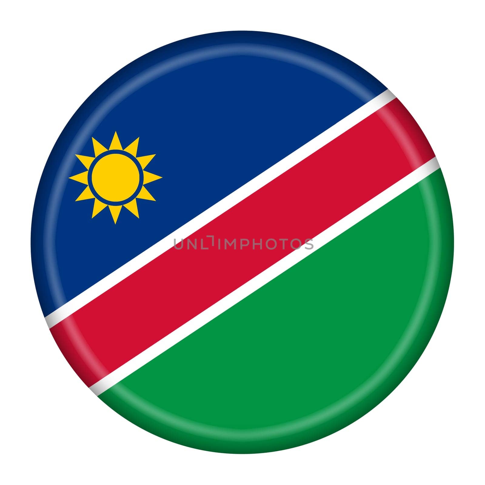 A Namibia flag button 3d illustration with clipping path red green blue white yellow sun