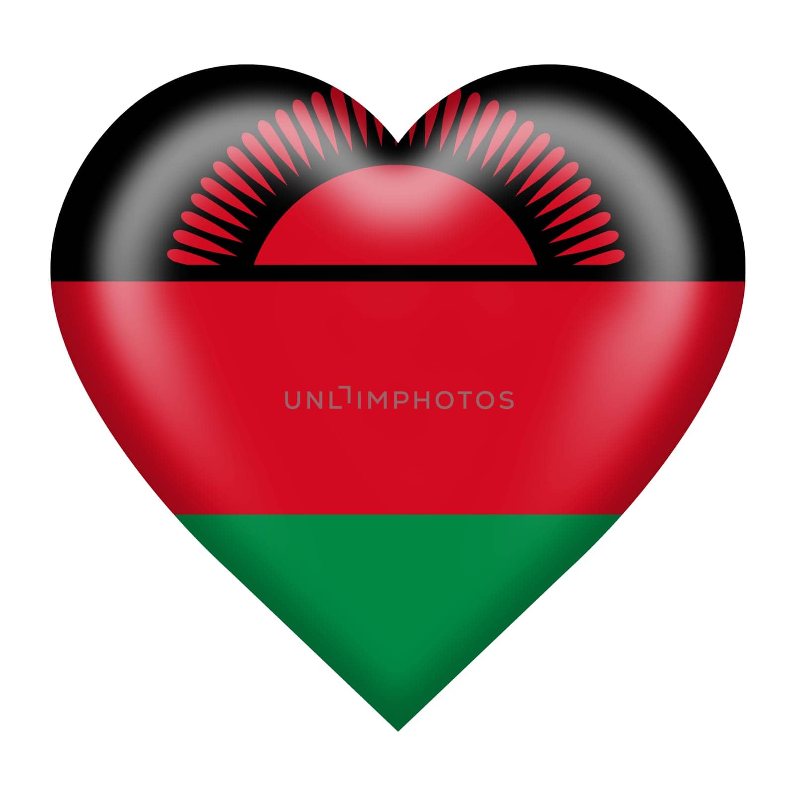 A Malawi flag heart button isolated on white with clipping path 3d illustration rising sun red green black
