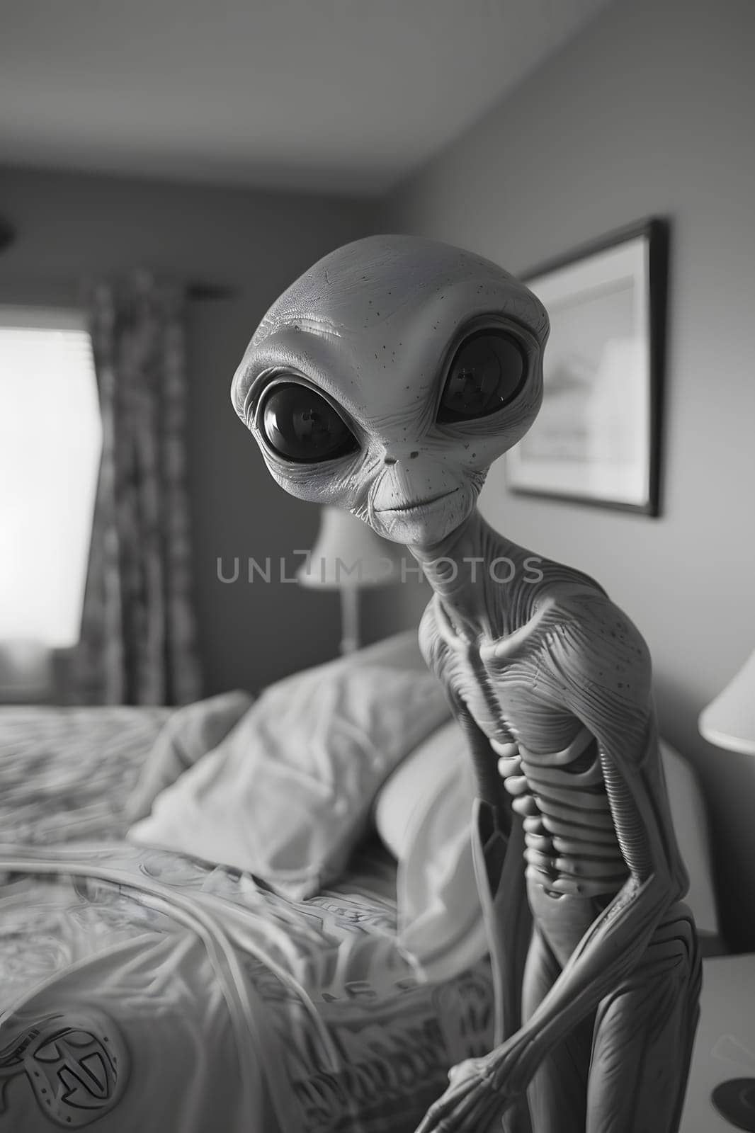 A blackandwhite photo of an alien wearing sunglasses, standing next to a bed. Its skeletal bone structure is visible, with a grey headgear on its head and a sharp jawline