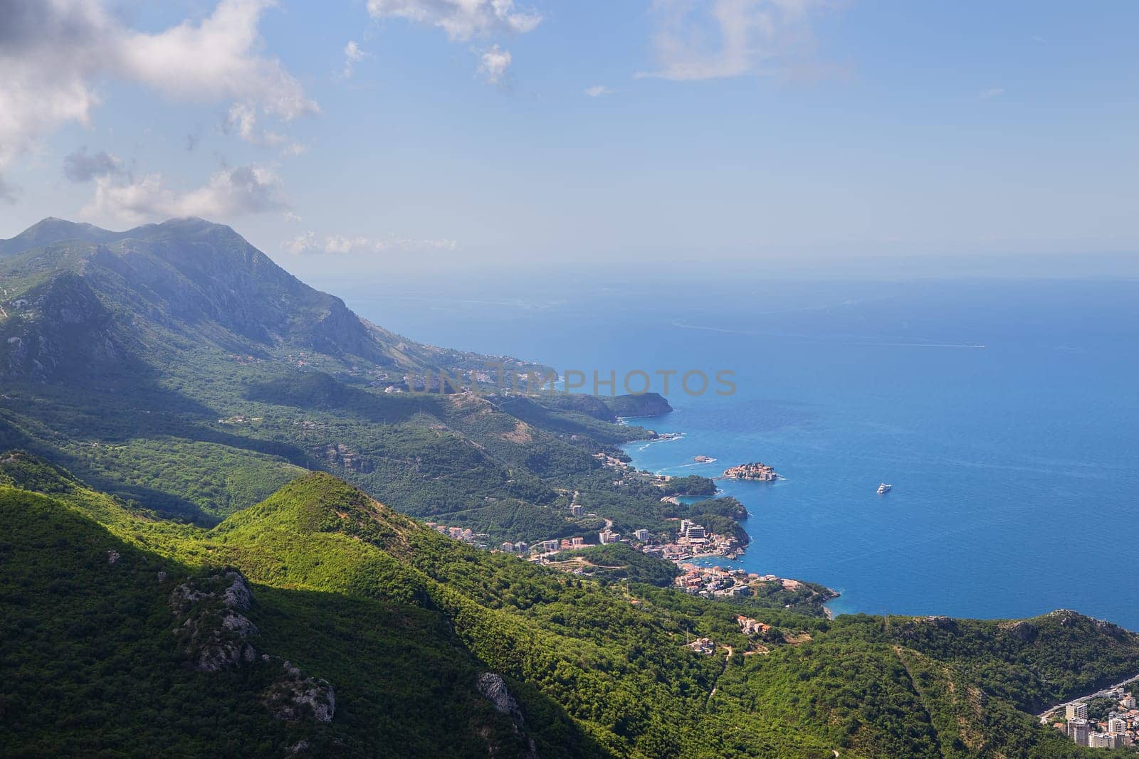 Prekars view from the top of the mountain road. View of the coast and the city of the Budva Riviera. Montenegro, Balkans, Adriatic Sea, Europe