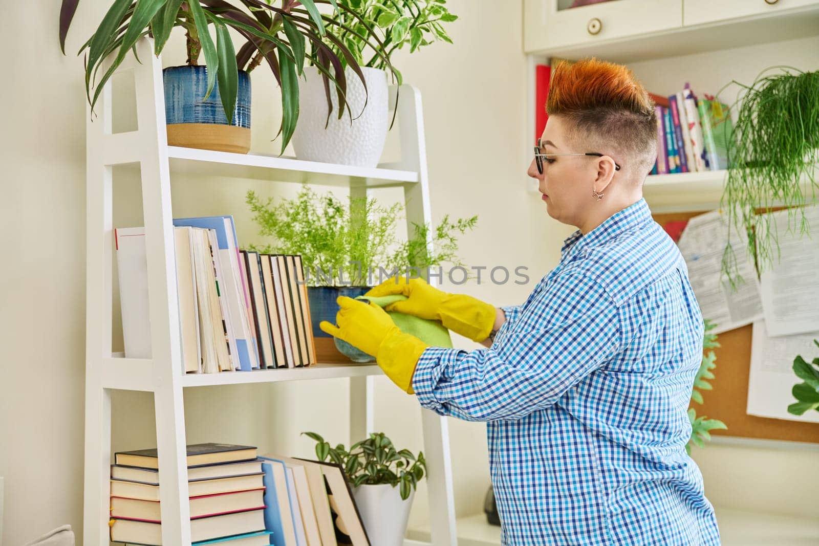 Middle-aged woman cleaning house, female wiping dust in room. Housekeeping, housework, housecleaning, cleaning concept