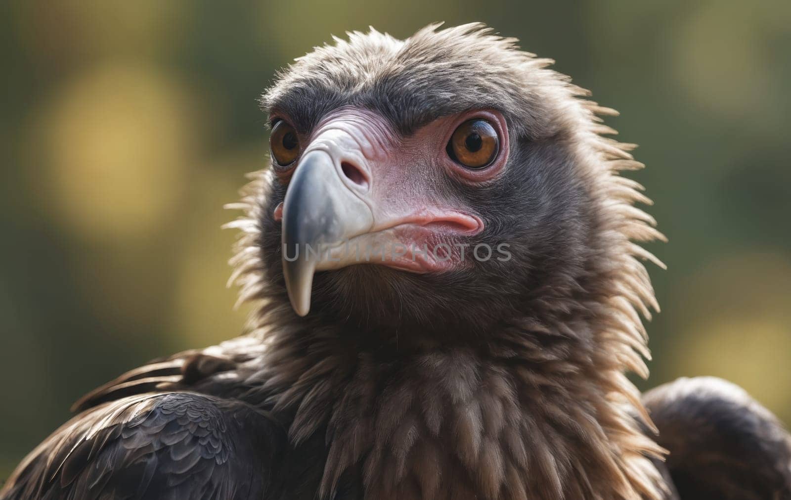 A closeup of a vulture, a bird of prey in the Accipitridae family, with its sharp beak and piercing eyes, staring directly at the camera
