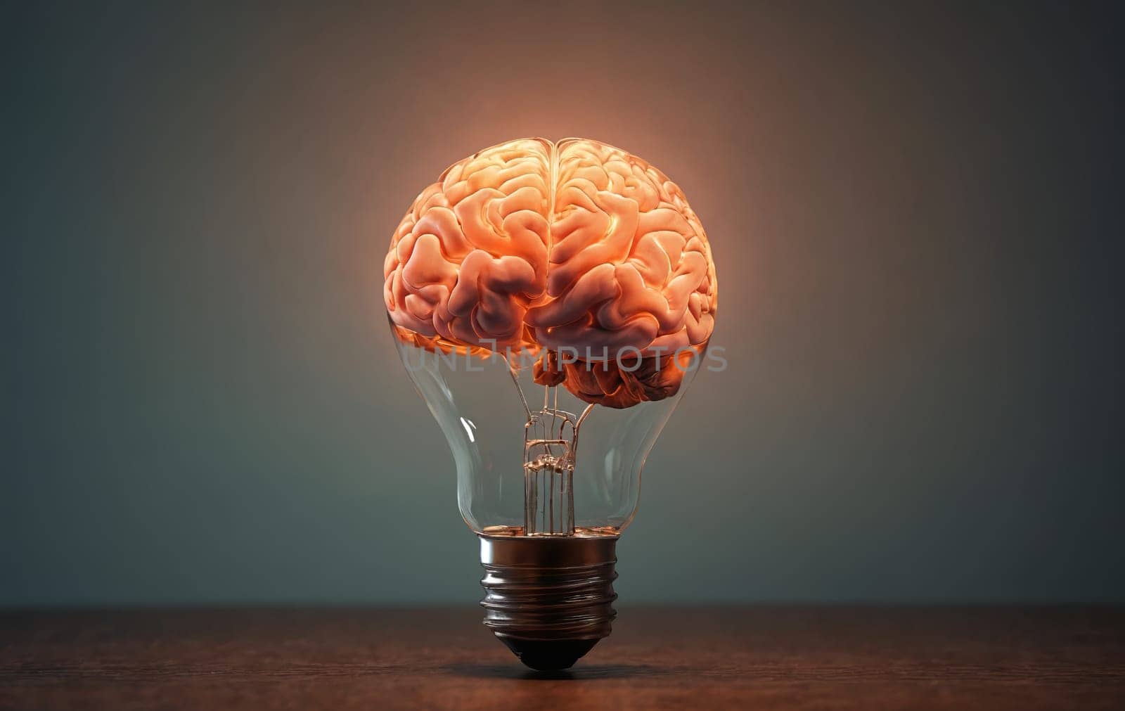 Human brain in a light bulb on a dark background. Brainstorming concept.