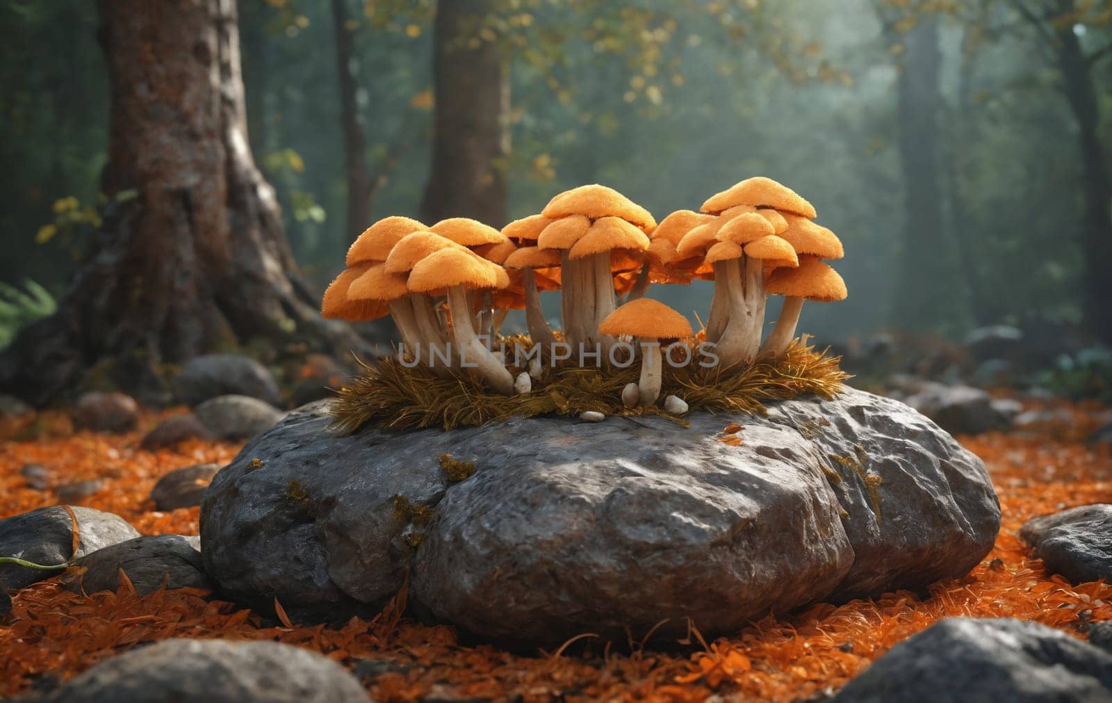 Group of orange mushrooms growing on a rock in the autumn forest