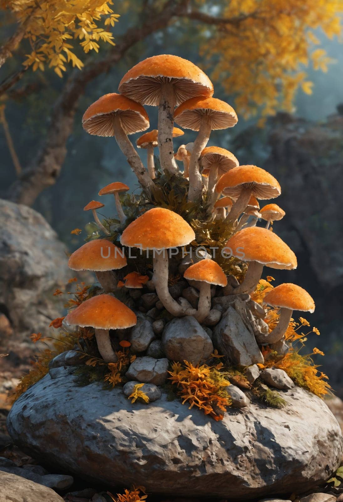 A cluster of edible mushrooms from the Agaricaceae family can be seen growing on a rock in the natural landscape, showcasing the symbiotic relationship between fungi and terrestrial plants