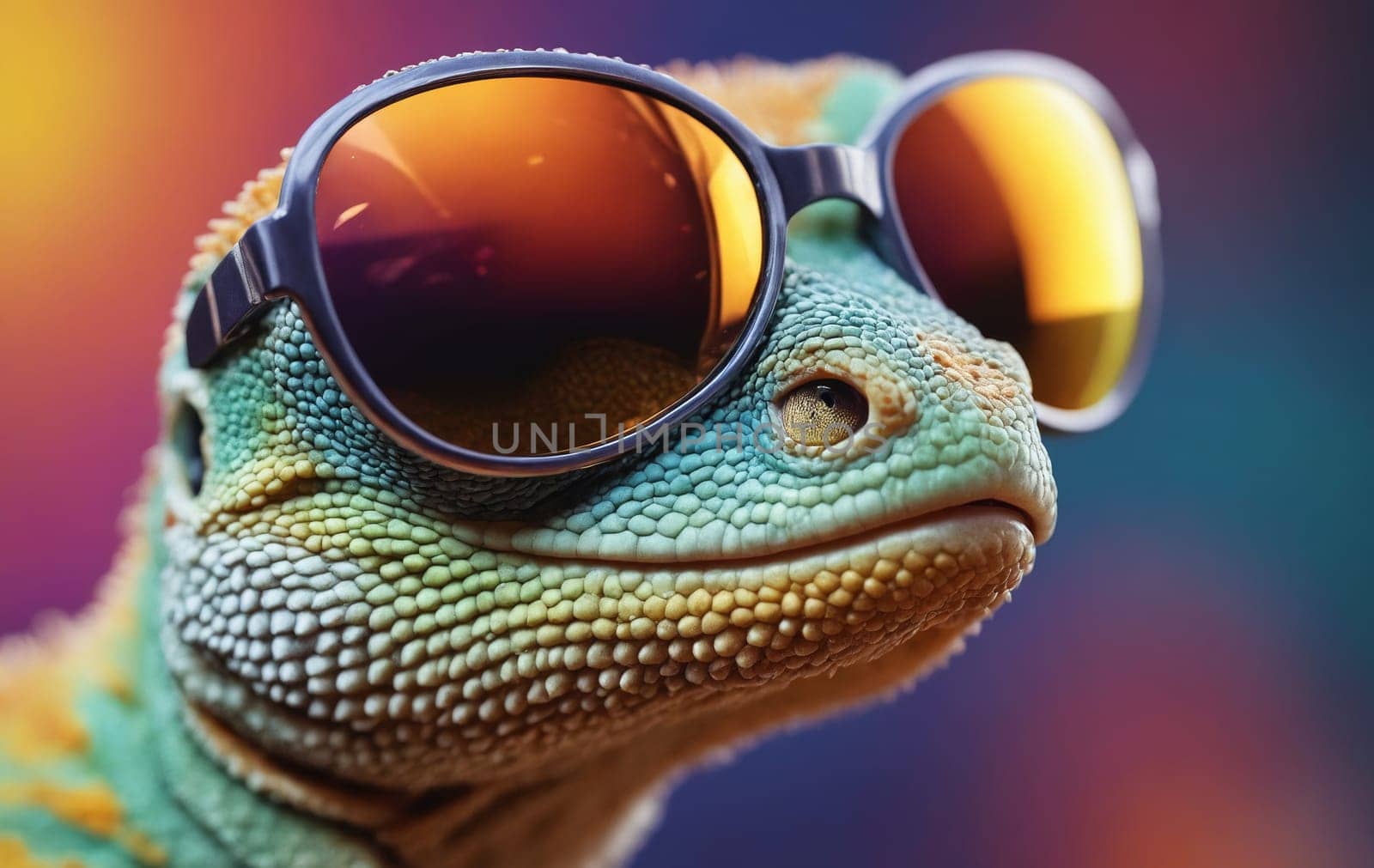 Close up of a colorful chameleon wearing sunglasses on colorful background.