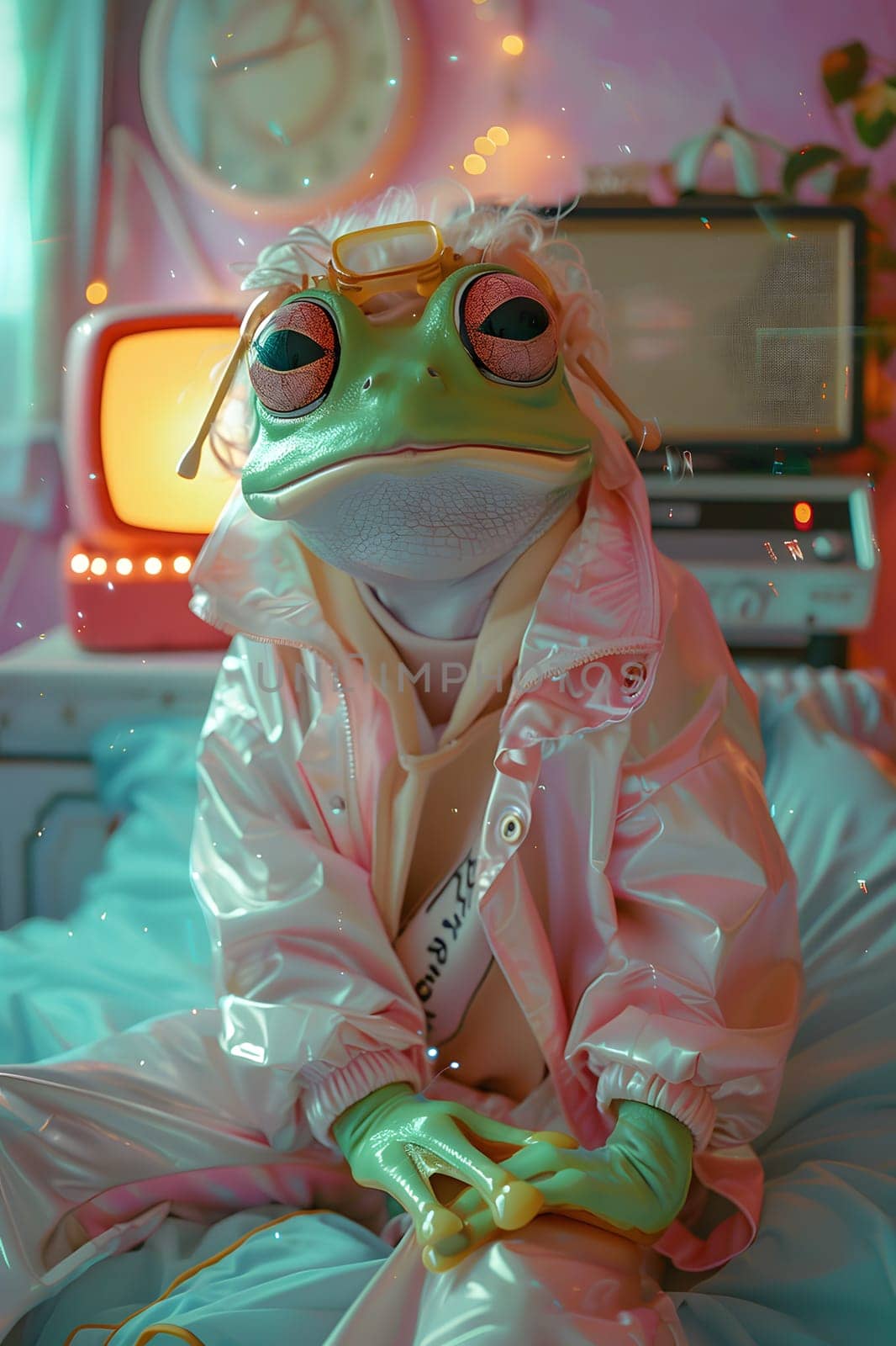 A toy amphibian fictional character in a pink jacket and sunglasses is sitting on a bed. This plastic action figure adds fun to any event with its magenta attire