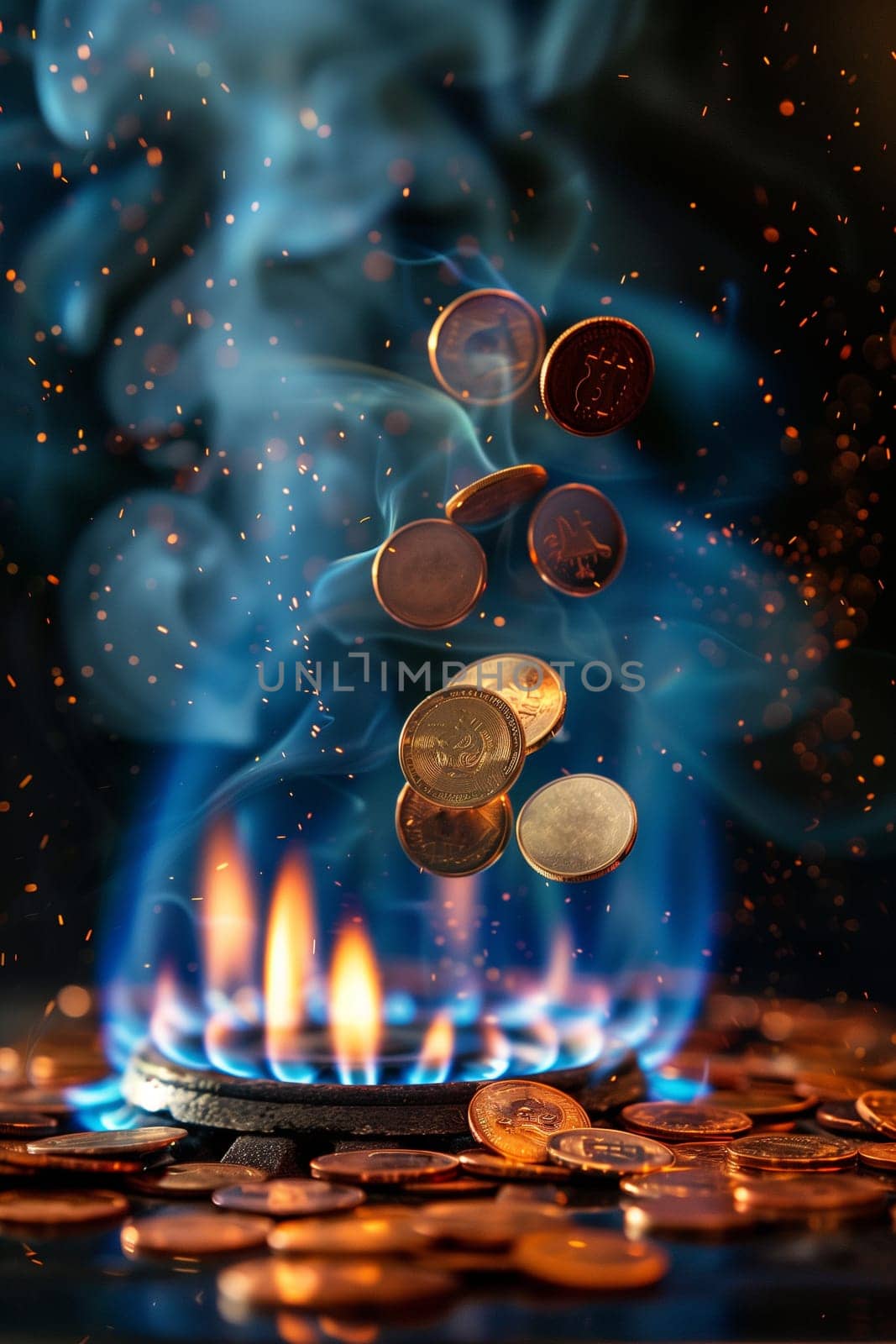 Close up view of a stove burner covered in a variety of coins, including pennies, nickels, dimes, and quarters.