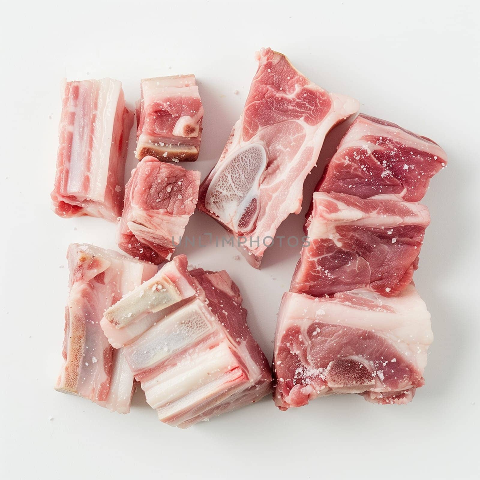 A mound of uncooked meat rests on a pristine white countertop, showcasing a variety of cuts and textures.