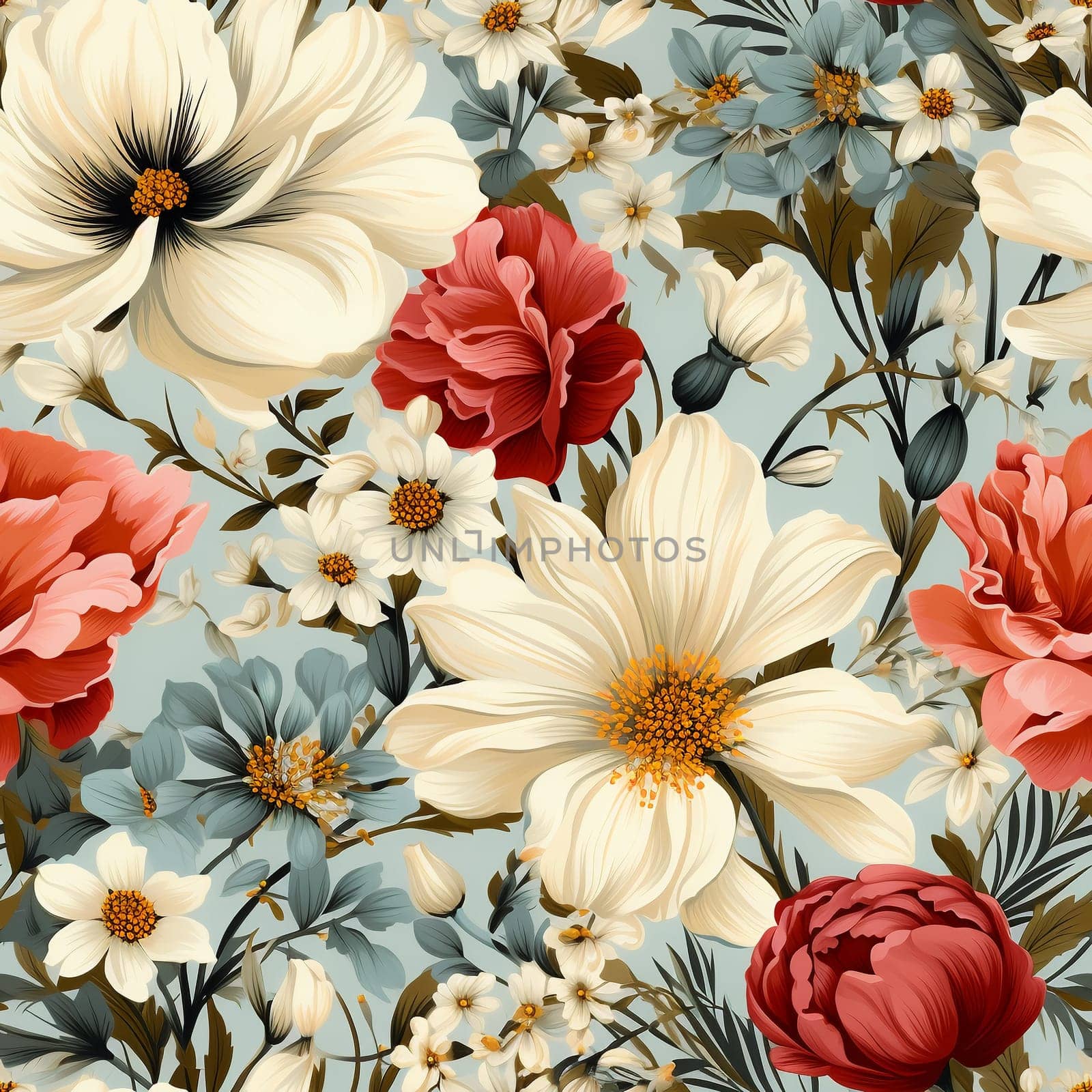 Seamless pattern tile background flowers and floral leaves plants. High quality photo