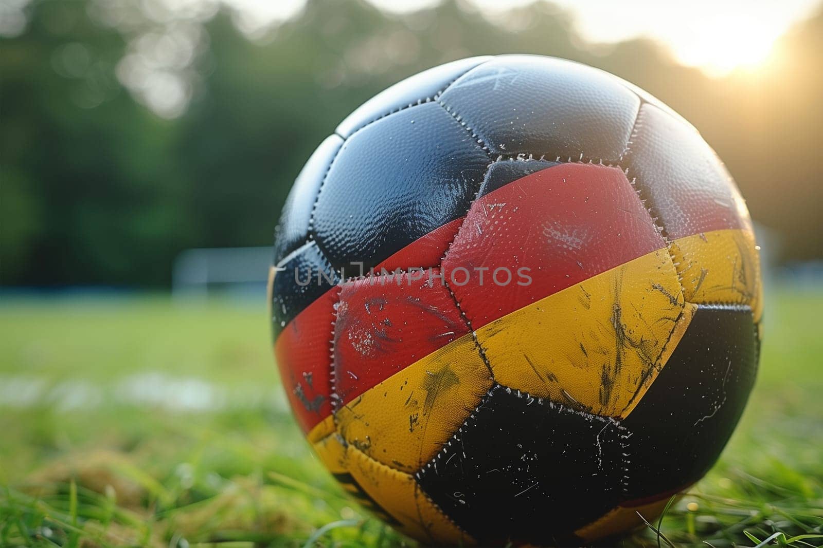 A soccer ball rests on a vibrant green playing field, ready for action under the bright sun.