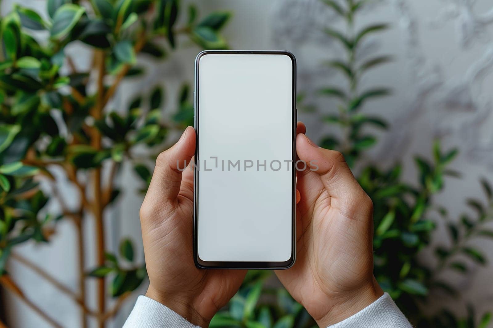 Person Holding Cell Phone in Front of Plant. Mockup by Sd28DimoN_1976