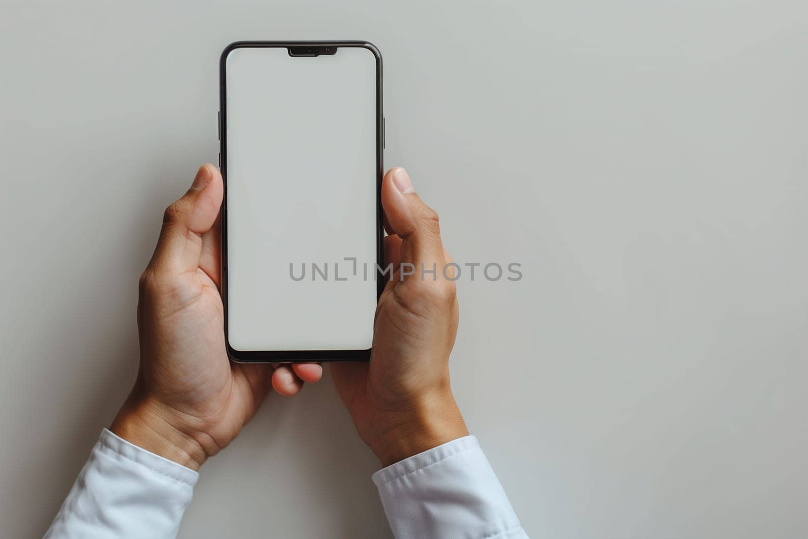 A man holds a cell phone with a blank screen in his hands and looks intently at the screen. Mockup