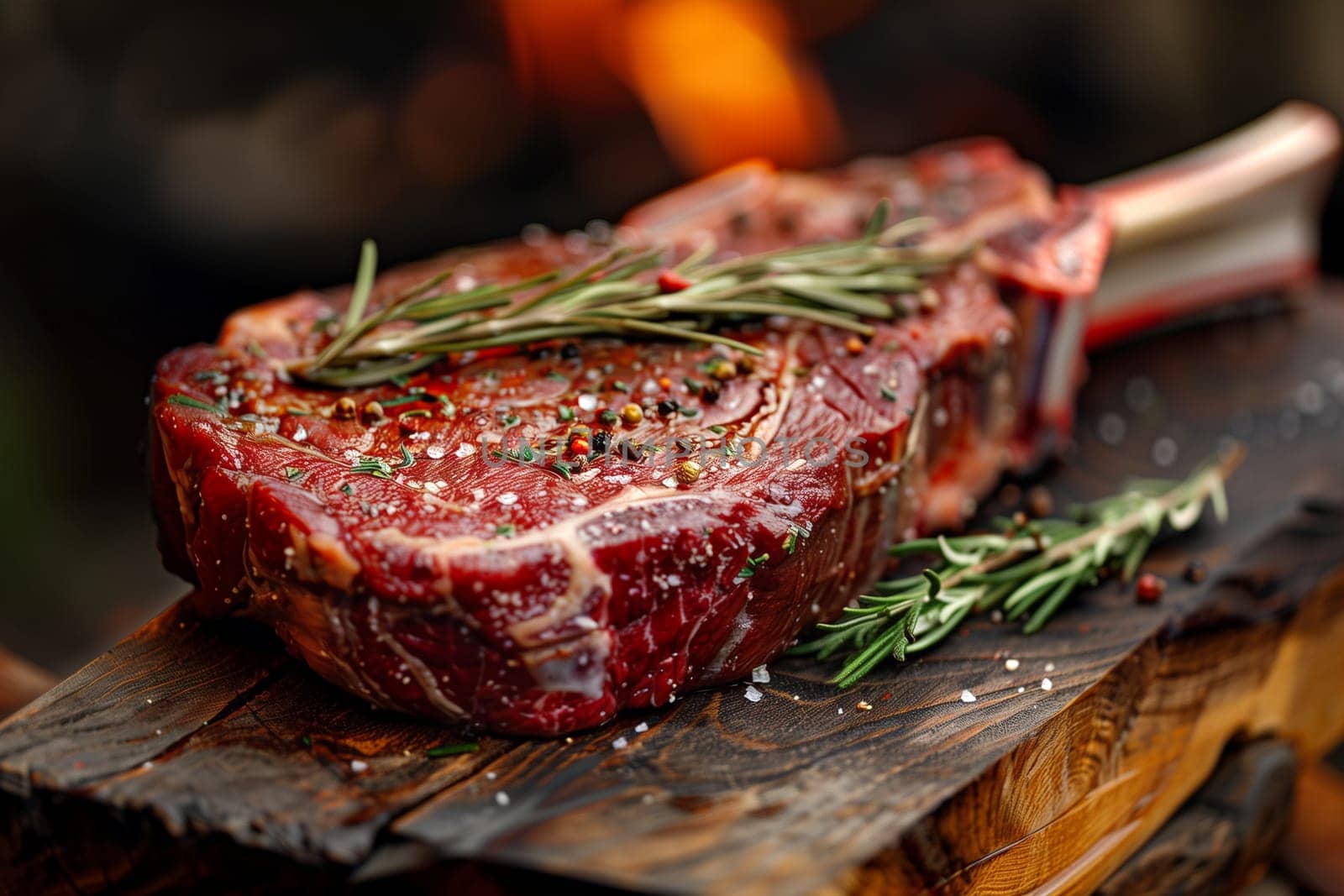 A piece of steak placed on a wooden cutting board, showing its juicy texture and ready to be prepared for a meal.