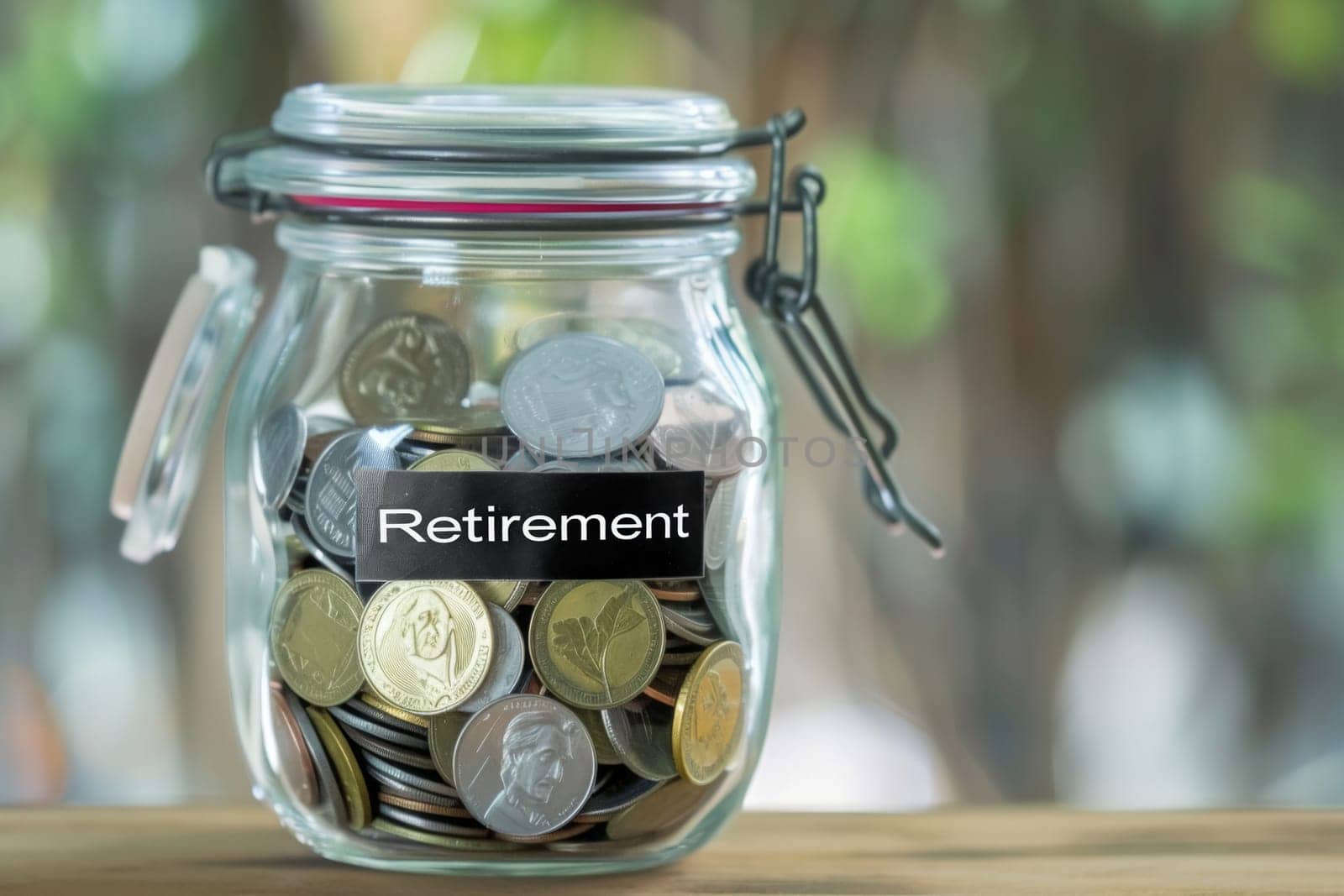 A clear jar labeled 'Retirement', filled with coins, against a blurred green background, representing financial planning