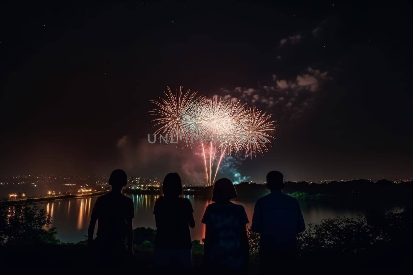 A small group of individuals captured in a serene moment, engrossed in the spectacle of vibrant fireworks illuminating the night sky